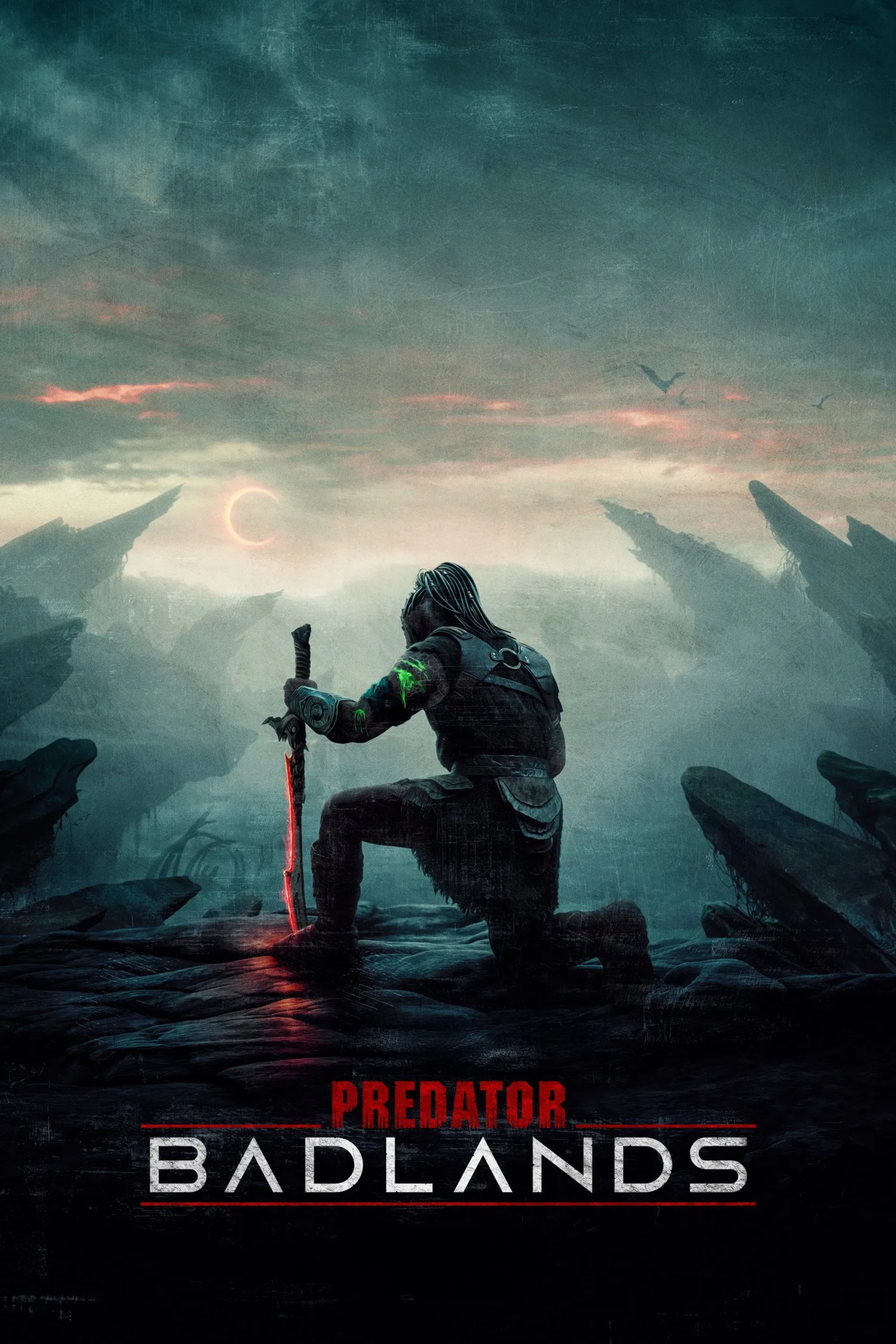 Predator sitting in action.showing the main poster of movies .predators Badlands 2025.Image Credit: © TMDb (www.themoviedb.org) – Used for informational/review purposes only.