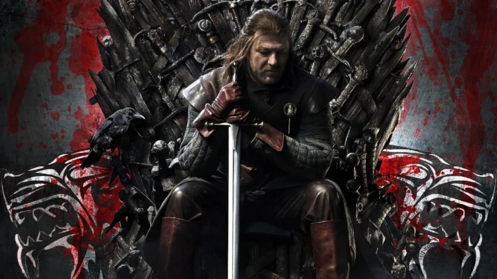 Offcial backdrop of series Game of Thrones .Ned Stark Sitting on the iron thorne.Image Credit: © TMDb (www.themoviedb.org) – Used for informational/review purposes only.