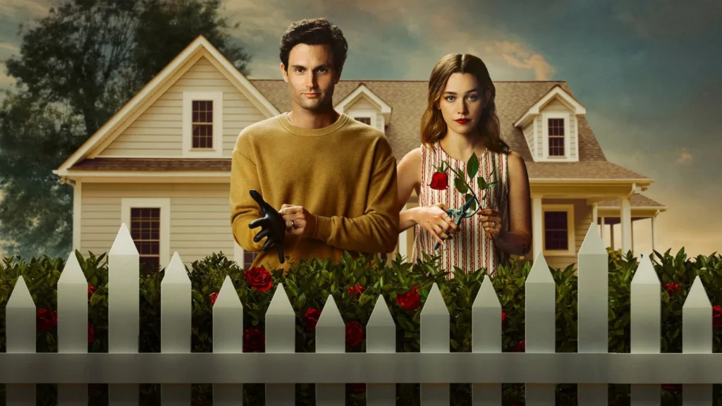 An Official Poster of The series You.Joe Goldberg and quin showing in the picture in thier lawn .Image Credit: © TMDb (www.themoviedb.org) – Used for informational/review purposes only.