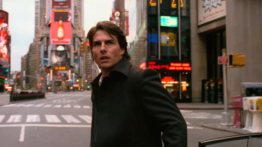 Top 10 Unique Movies A scene from the movie Vanilla Sky from 2001 tom cruise in new york time square.Image Credit: © TMDb (www.themoviedb.org) – Used for informational/review purposes only.